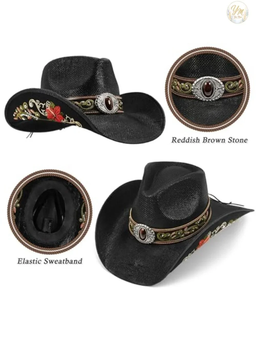 Handmade Straw Cowboy Hat Embroidered Rhinestones Adjustable Sizes